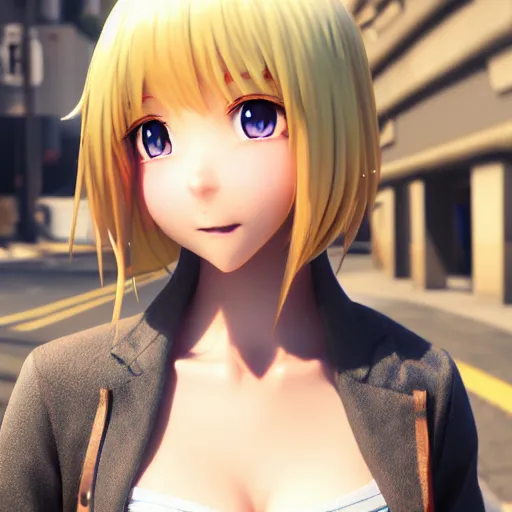 Image similar to a very beautiful 3d anime girl on the street, unreal engine 5 4k render, hazler eyes, cute smile, incredibly high detailed, studio quality, trending on artstation, medium shot, long blonde hair