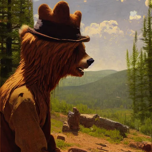 Image similar to wild west portrait of furry anthro anthropomorphic grizzly bear head animal person fursona wearing clothes in the valley, sunny day, digital art by Nerdrum John, William Waterhouse, Winslow Homer, Alex Heywood, Jordan Grimmer, Darren Quach, Greg Rutkowski, Simon Stalenhag, trending on Artstation, CGSociety