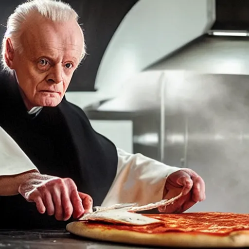 Image similar to A still of Ian McDiarmid as Palpatine making a pizza, 4k, photograph, ultra realistic, highly detailed, professional lighting