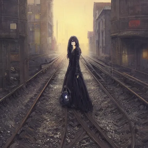 Prompt: woman in a black lace dress and thigh highs standing at a european train station, expressive oil painting, detailed digital art, by yoshitaka amano, by greg rutkowski, by dan mumford, by makoto shinkai, highly detailed lineart, evening, volumetrics