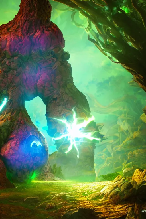 Image similar to arcane fantasy art giant golem elemental wood rock bastion forged gemstone enchanted forest troll, global illumination ray tracing hdr fanart arstation by sung choi and eric pfeiffer and gabriel garza and casper konefal lisa frank zbrush central hardmesh radiating a glowing aura