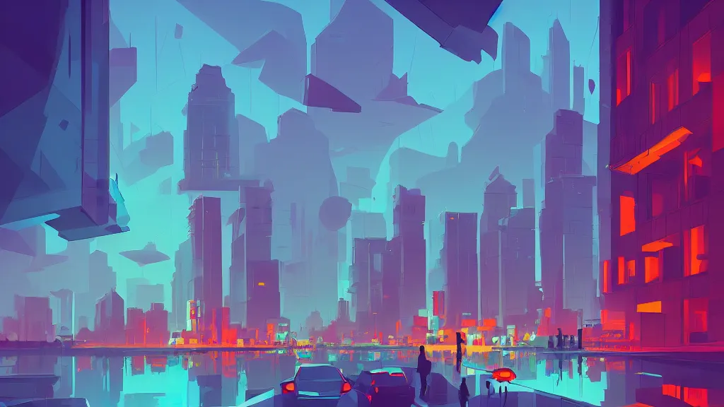 Image similar to downtown traffic, buildings, and lake, by anton fadeev