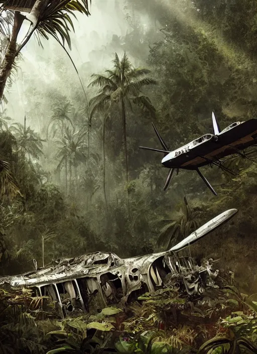 Image similar to World war airplane wreck in an exotic jungle, Dynamic lighting, cinematic, establishing shot, extremely high detail, photo realistic, cinematic lighting, pen and ink, intricate line drawings, post processed, concept art, artstation, matte painting, style by Raphael Lacoste, Eddie Mendoza