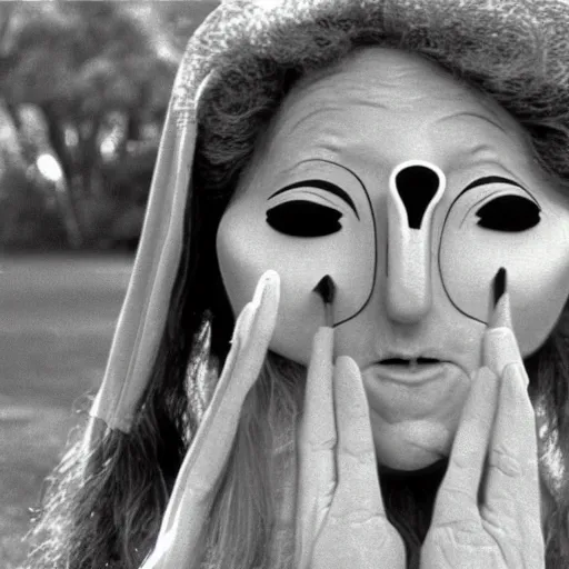 Image similar to 1970 hippie woman on tv show with a long prosthetic snout nose, big nostrils, wearing a robe in the park 1970 color archival footage color film 16mm holding a hand puppet Fellini Almodovar John Waters Russ Meyer Doris Wishman