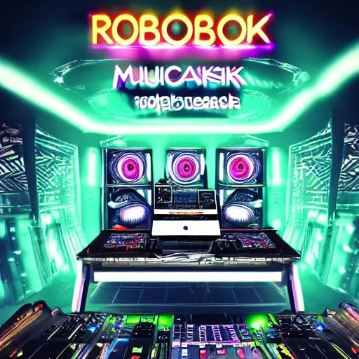 Image similar to album art, text : roborock, 3 steampunk spaced out robots on a dj desk with a cd mixer, 8 k, flourescent colors, halluzinogenic, multicolored, exaggerated detailed, front shot, 3 d render, octane