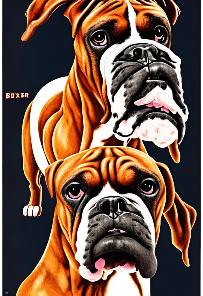 Image similar to boxer as boxer dog, anatomically correct, style of american 6 0's poster