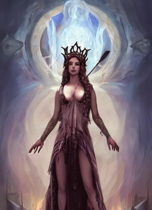 Image similar to tarot!!, fairy queen, fantasy medieval, no noise, elegant, concept art, sharp focus, beautiful face!!, digital art, smooth defined outlines!!, by Brom, trending on Artstation, Tom Bagshaw, Sargent