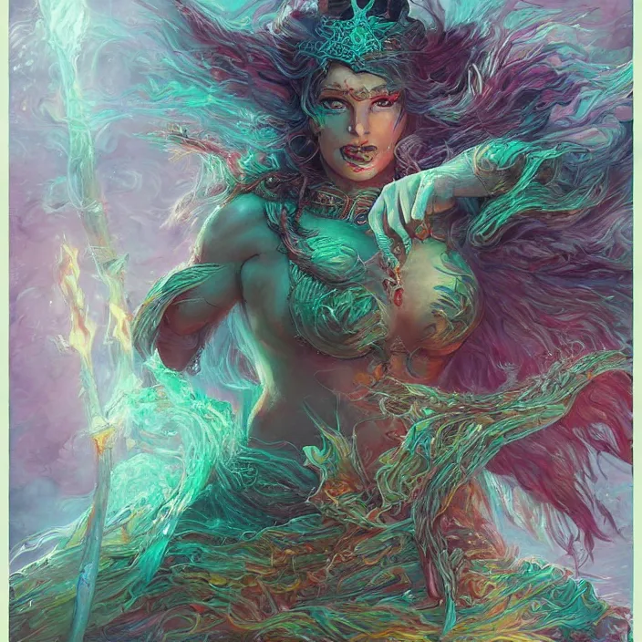 Image similar to sea witch casting a spell, d & d style, trending on artstation, intricate, highly detailed, vivid painting, colorful, art by alexandr leskinen