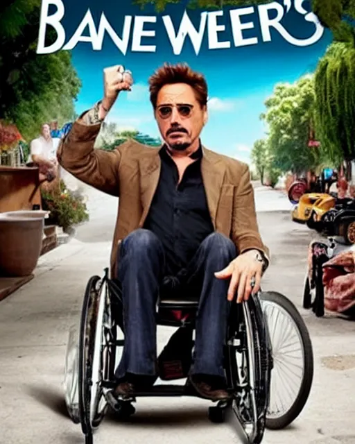 Image similar to robert downey jr. starring in weekend at bernie's. movie poster. comedic. cinematic lighting. robert downey jr. in a wheelchair.