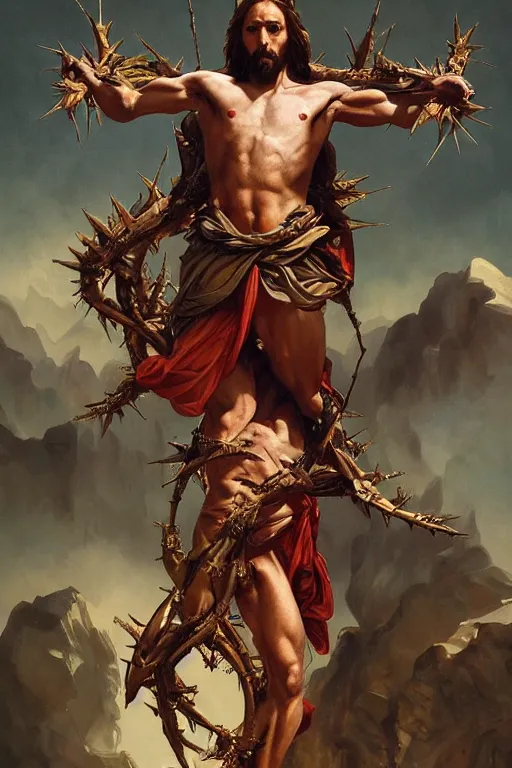 Image similar to fullbody!! dynamic action pose, jesus christ portrayed as a lizard reptile man, holy cross, crown of thorns, christianity, religious, intricate, elegant, highly detailed, digital painting, artstation, concept art, smooth, sharp focus, illustration, art by artgerm and greg rutkowski and alphonse mucha