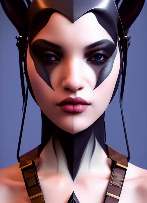 Image similar to portrait of dark knight model, sharp focus, octane render, ( ( brown skin ) ), ffxi, rpg, beautiful, unreal engine, symmetrical!!, maybelline, sephora, loreal, artstation, art by artgerm, rossdraws, art by karol bak, makeup, ambient occlusion, cinematic, concept art, vsco