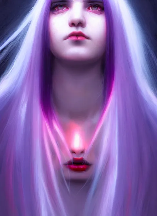 Image similar to hair whitebangs hair, black hair, whitebangs, portrait of teenage girl with white bangs, red irises, purple clothes, white bangs, bangs are different color from hair, intricate, elegant, glowing lights, highly detailed, digital painting, artstation, concept art, smooth, sharp focus, illustration, art by wlop, mars ravelo and greg rutkowski