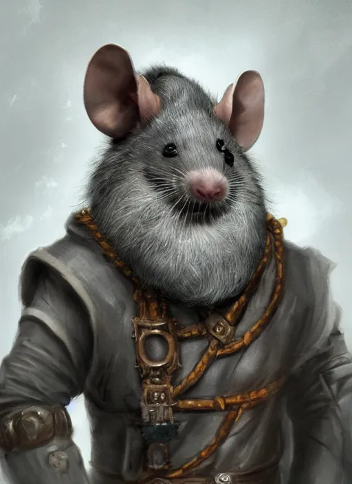 Image similar to gray rat standing on two legs with a gray beard, serious, mean eyes, wearing jewelry, tricorne hat, green robe, D&D, digital art, realistic, detailed face, highly detailed, trending on artstation, 4k, sea in the background