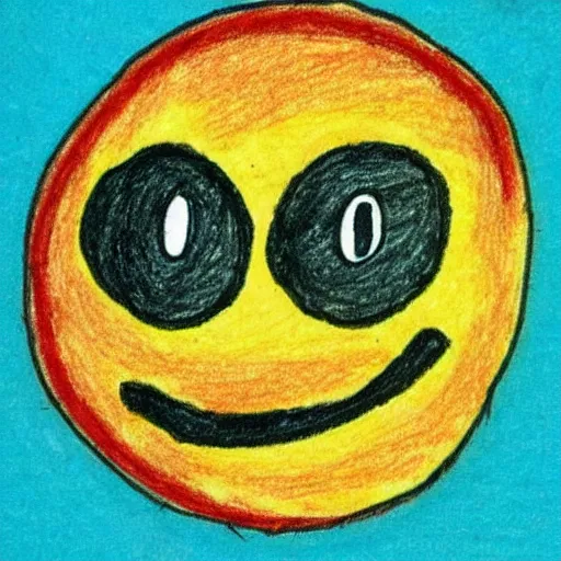 Image similar to primitive drawing of smiling circle face with red eyes thumb up. Сhild drawing picture