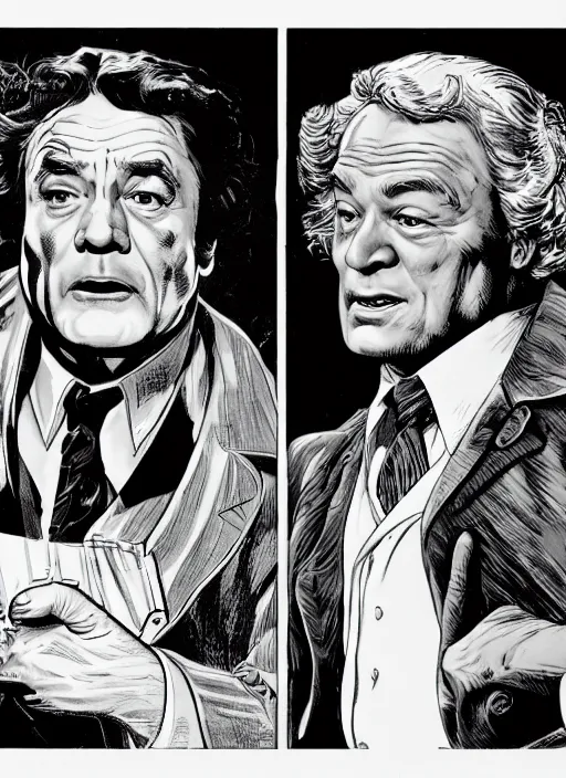 Image similar to Columbo and E. G. Marshall as Upson Pratt, comic book panels, artwork by Bernie Wrightson, detailed