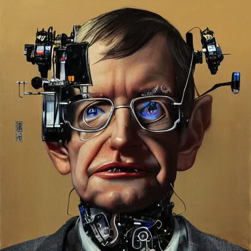 Image similar to portrait of stephen hawking as a stempunk cyborg, clockwork automaton, hanafuda oil on canvas by ivan shishkin, james jean and yoji shinkawa