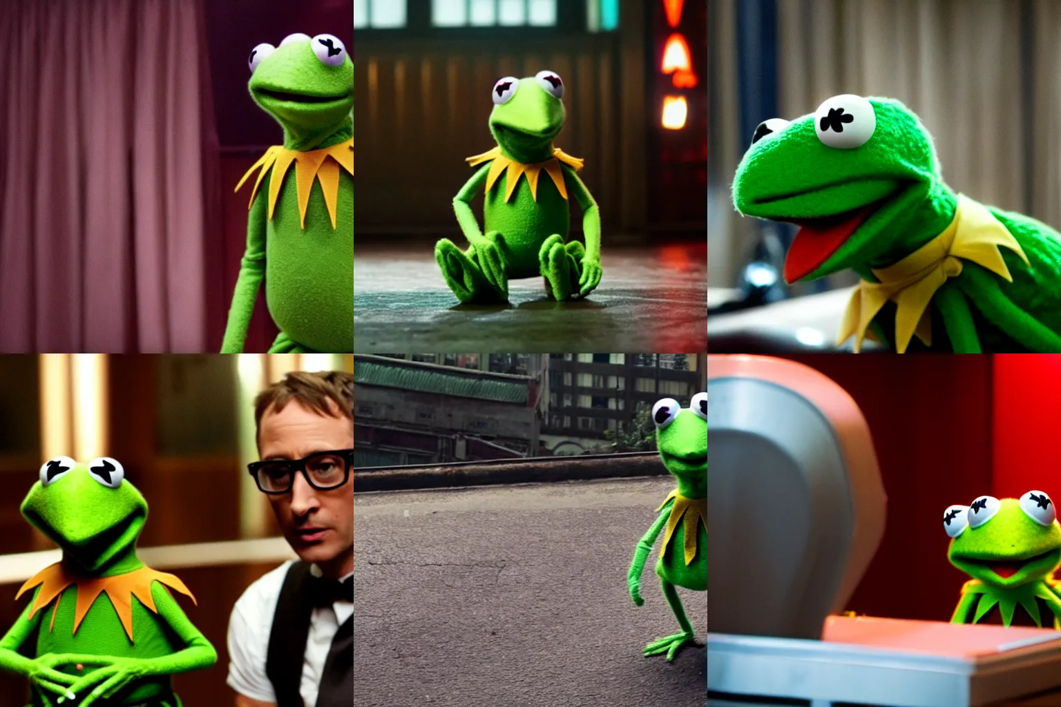Prompt: kermit the frog in the suit from Drive movie by Nicolas Winding Refn, cinematic, realistic
