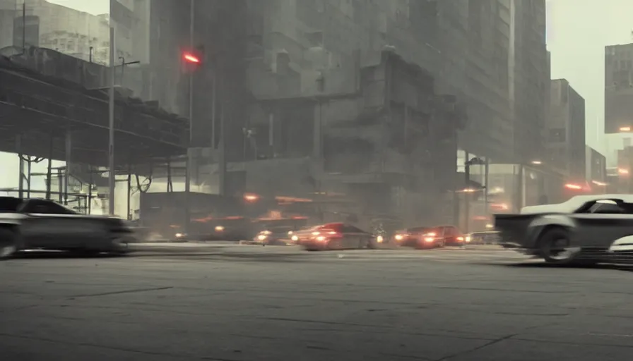 Image similar to Cinemascope. Motion blur Sci-fi car chase inside a city with brutalism architecture. film still by Denis Villeneuve