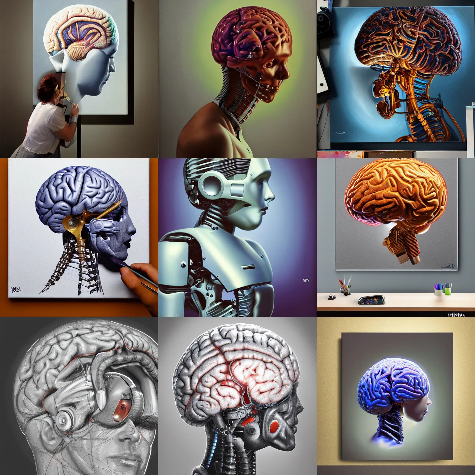 Prompt: photorealistic illustration of a robot making a beautiful painting of a human brain on a canvas in a modern artist studio, artstation, deviantart, cgsociety