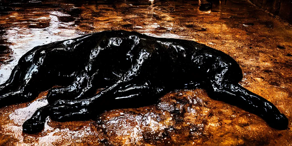 Image similar to the black lioness made of tar, laying on their back, dripping tar, drooling goo, covered in slime, sticky black goo, bathing in the pit filled with tar, dripping goo, sticky black goo. photography, dslr, reflections, black goo, rim lighting, cinematic light, tar pit, chromatic, saturated, slime