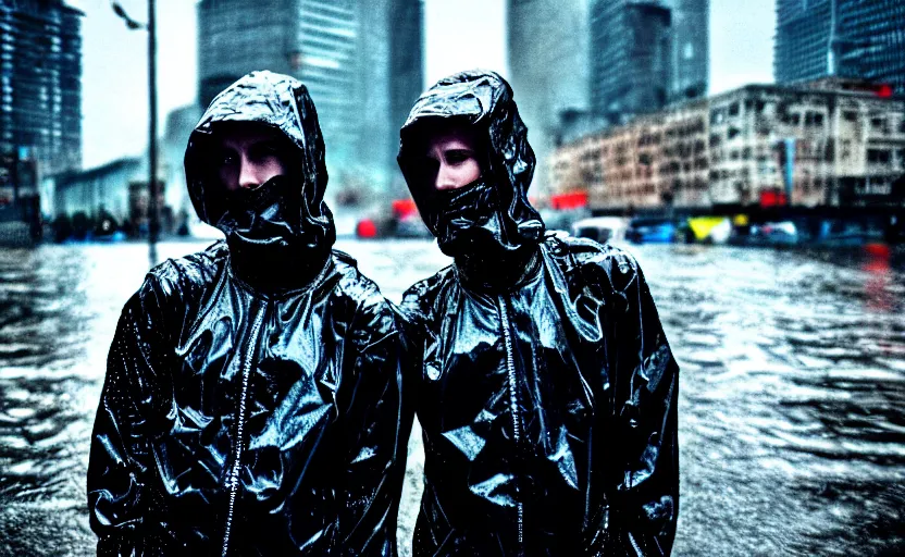 Prompt: cinestill 5 0 d candid photographic portrait by helen levitt of two cyberpunks wearing rugged silver mesh techwear in treacherous waters, extreme closeup, modern cyberpunk moody depressing cinematic, pouring rain, 8 k, hd, high resolution, 3 5 mm, f / 3 2, ultra realistic faces, ex machina