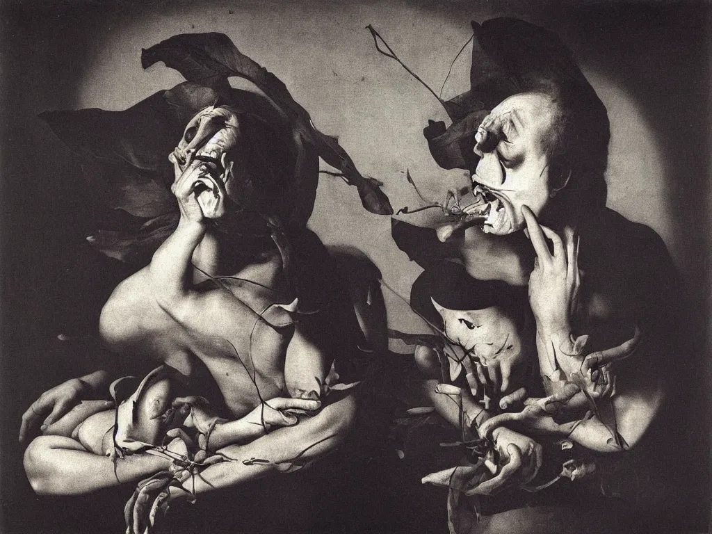Image similar to Portrait of a haunted lotus-eater at night. Painting by Caravaggio, Roger Ballen
