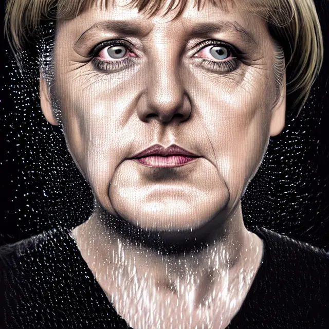 Image similar to bright portrait of Angela Merkel, LSD rain on face and wet hair, diffuse overhead lighting, fantasy, intricate, elegant, dramatic lighting, highly detailed, lifelike, photorealistic, digital painting, artstation, illustration, concept art, smooth, sharp focus, art by John Collier and Albert Aublet and Krenz Cushart and Artem Demura and Alphonse Mucha