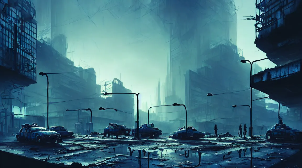 Image similar to a game scene concept with a environment of a post - apocalyptic post apocalyptic police station a blue sky, building, avenue, urban architecture, apocalyptic architecture, paved roads, by nathan walsh trending on artstation, photorealistic, wild vegetation, human silhouettes, cyberpunk, environment artist, dystopian, science fiction