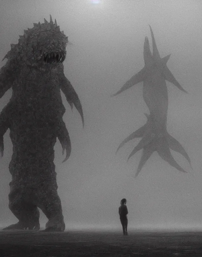 Image similar to very low - resolution found footage of a couple escaping in the city from a starfish kaiju monster, fog, foggy, korean film noir, monochrome, red hue, thriller, underdeveloped, epic, dramatic