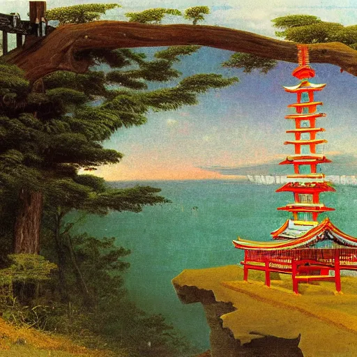 Prompt: a beautiful shinto shrine made with locally available materials and colors, standing atop the cliffs of dover, by albert bierstadt