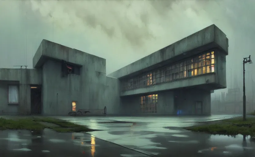 Image similar to painting of a wide angle exterior shot of a brutalist architecture house with rainy and moody cinematic lighting by darek zabrocki and greg ruthkowski, alphonse mucha, simon stalenhag and cinematic and blue cold atmospheric, archillect concept art, artstation, trending on artstation