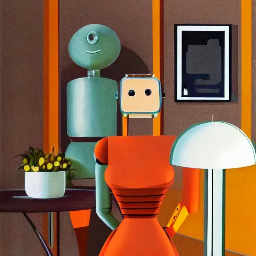Prompt: photo of a robot maid in a mid century modern living room, burnt orange, olive green, earth tones, retro future, marcelline stoyke, eric joyner