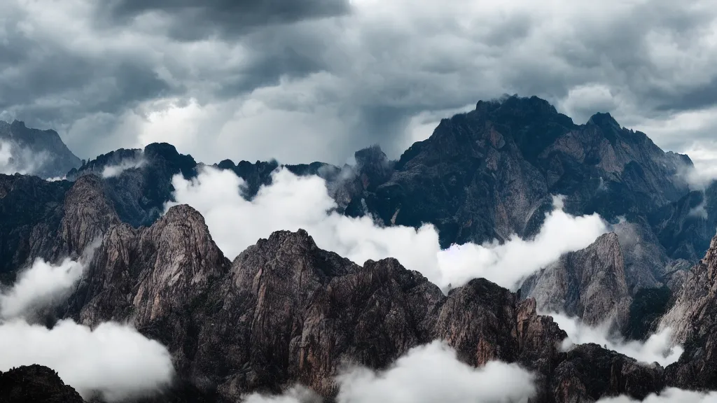 Image similar to a cinematic landscape photograph of a mountains peak in the clouds, thunder and lightning