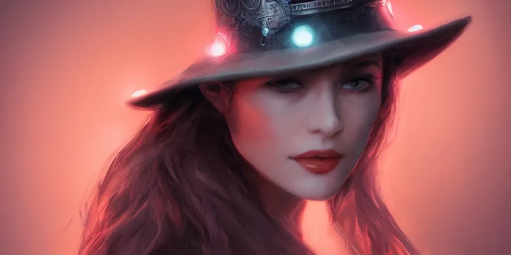 Prompt: woman, pale, artstation, concept art, digital painting, moroccan style hat, futuristic, cables with lights instead of hair, photorealistic, headshot, portrait, soft loght, high key