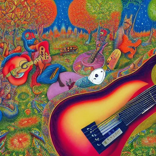 Image similar to psychedelic couch sofa in the lush forest, guitar, milky way, designed by moebius, rob gonsalves, gustav dore, giuseppe arcimboldo and carl barks, louis wain, trending on artstation, canada, star, sharp focus, colorful refracted sparkles and lines, soft light, 8 k 4 k