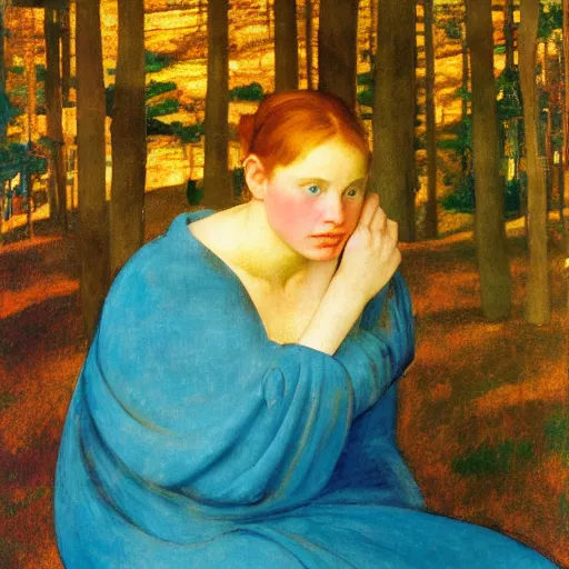 Prompt: a young girl lost in a blue golden forest, film still by edward hopper, by Pontormo, by klimt, art noveau, highly detailed, strong lights, liminal, eerie, Bright pastel colors