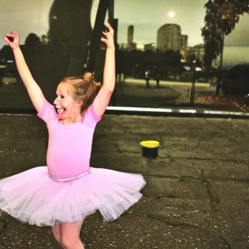 Prompt: A photo of a girl dancing with a frog