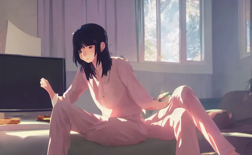 Image similar to a girl in her pajamas playing video games, anime scene illustrated by Makoto Shinkai, 4k, digital art