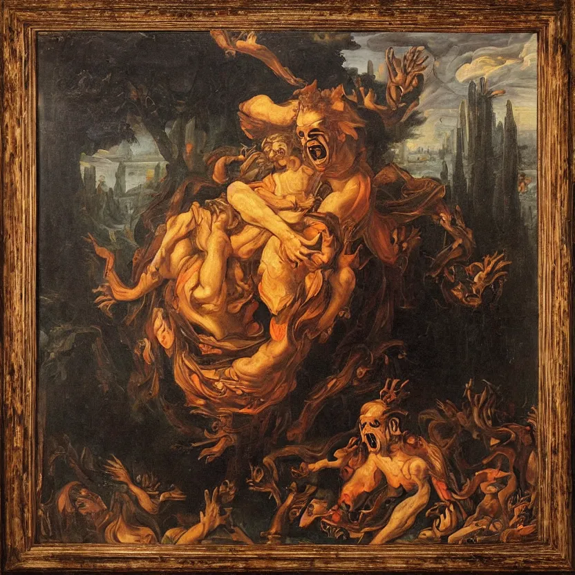 Prompt: a monster reaching through a framed painting, pulp horror. baroque period, oil on canvas. renaissance masterpiece