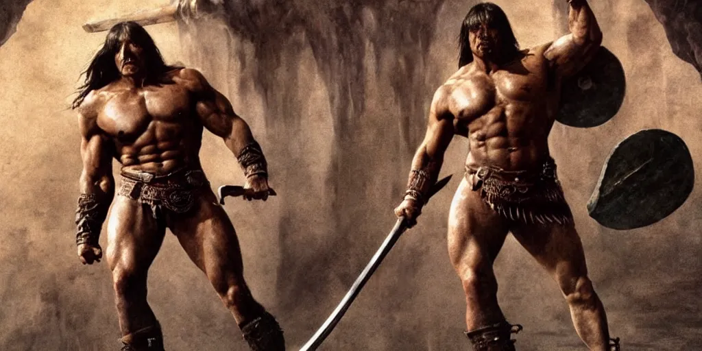 Prompt: hyperrealistic mixed media action scene of Conan the barbarian raising his sword for battle in leather boots and a loincloth, forward angle, stunning 3d render inspired art by Frank Frazetta and Simon Bisley, extremely muscular male hero + perfect facial symmetry + perfect muscle anatomy + perfect bodily proportions + dim volumetric lighting, 8k octane beautifully detailed render, post-processing, extremely hyperdetailed, intricate complexity, epic composition, grim yet sparkling atmosphere, cinematic lighting + masterpiece, trending on artstation