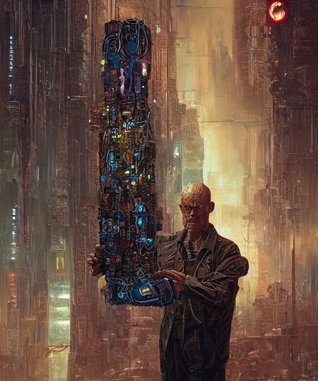 Image similar to a painting of a man holding a machine in his hands, cyberpunk art by les edwards and by michael whelan and by dan mumford, cgsociety, neoplasticism, lovecraftian, future tech, circuitry