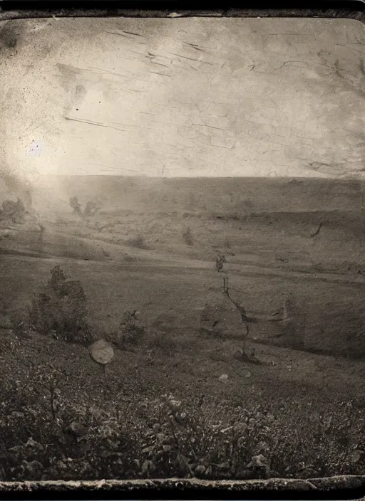 Prompt: old wetplate daguerreotype landscape of the high hills in the sun, dubbel negative exposure, explosion of data fragments, fractal, intricate, elegant, highly detailed, parallax, leica, medium format, subsurface scattering, by jheronimus bosch and greg rutkowski and louis jacques mande daguerre