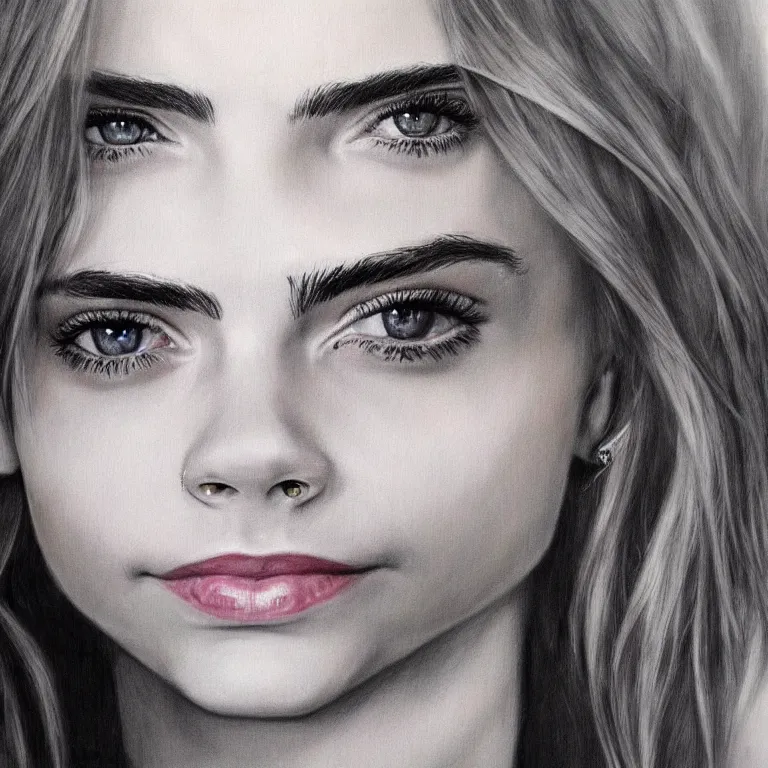 Prompt: Concept-art portrait of Cara Delevingne, photorealism, smiling face, clear eyes, pencil painting