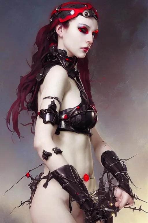 Prompt: Portrait of beautiful pale smiling cyborg goth anime maiden in bikini armor with crown of thorns and glowing red eyes, steampunc, digital art from artstation by Ruan Jia and Mandy Jurgens and Artgerm and william-adolphe bouguereau