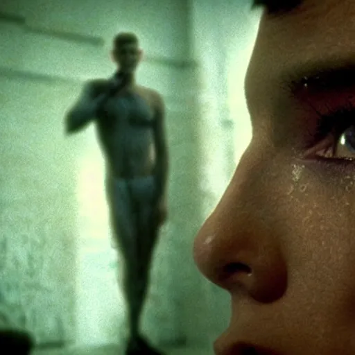 Image similar to cinematic portrait of a runaway replicant with tribal facepaint in an empty room, still from the movie bladerunner