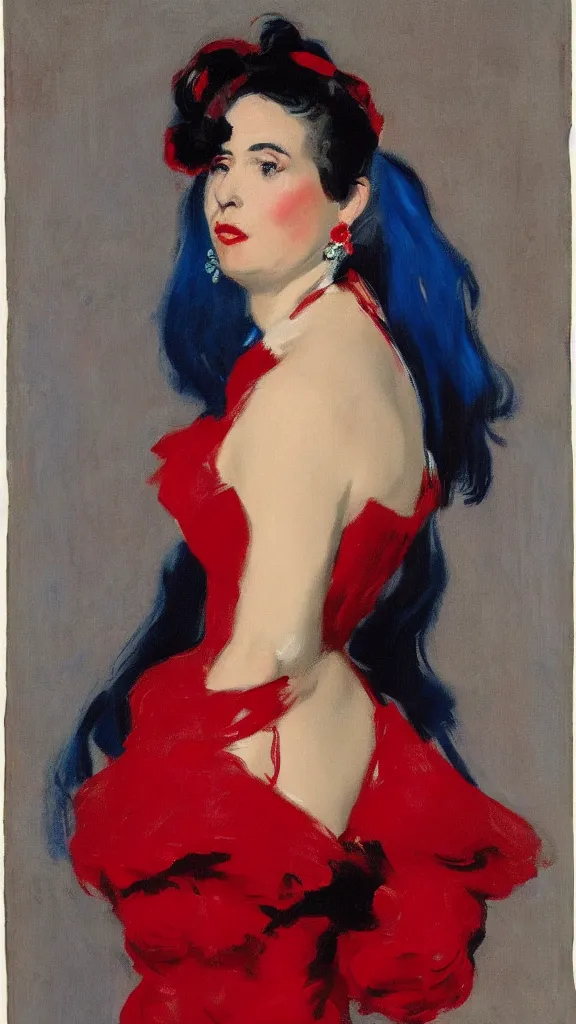 Prompt: portrait of rebekah delrio in lynch pattern dress and red ros on hair, blue and red lights painted by john singer sargent