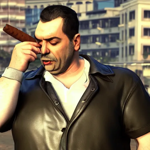 Prompt: a midage italian male, beardless, bald, short black hair with gel, overweight, fine white shirt, leather belt, black pants, leather shoes, smoking a cigar, full body, gta v style, concept art, highly detailed, hyper realistic, unreal engine