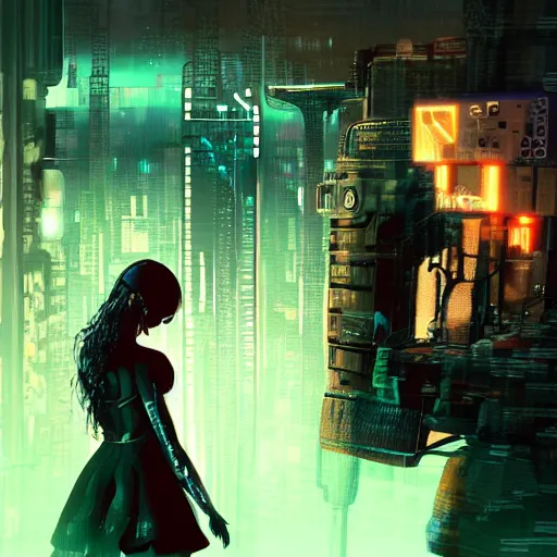 Prompt: a cyberpunk world and a gothic girl