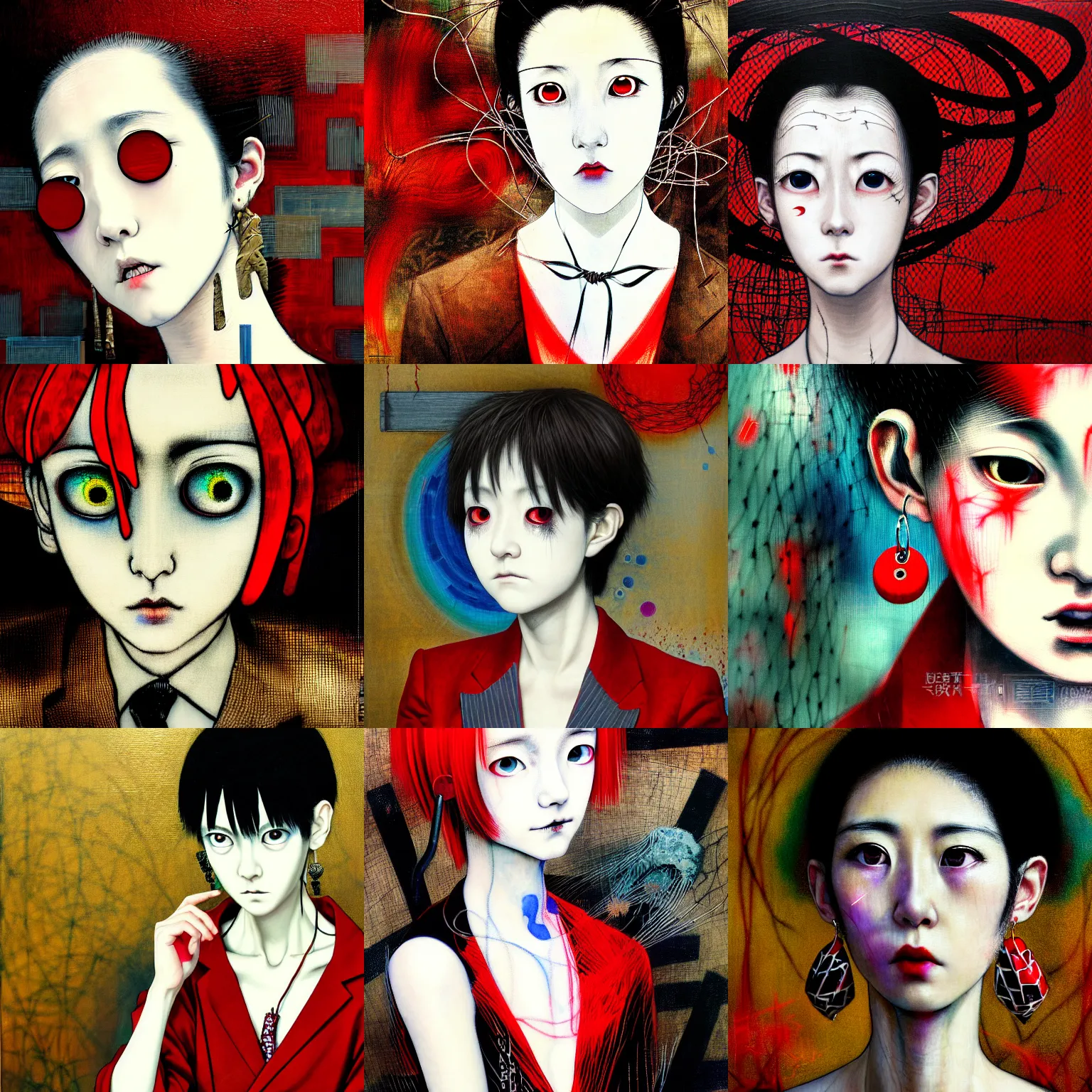 Image similar to yoshitaka amano blurred and dreamy realistic three quarter angle portrait of a sinister young woman with short hair, big earrings, barbed wire and red eyes wearing office suit with tie, junji ito abstract patterns in the background, satoshi kon anime, noisy film grain effect, highly detailed, renaissance oil painting, weird portrait angle, blurred lost edges