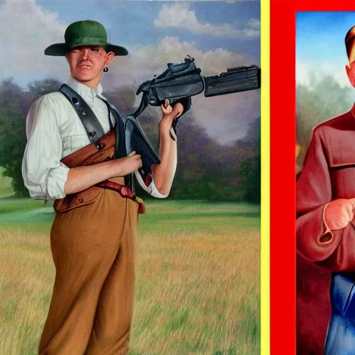 Image similar to back to back picture of a farm boy holding a red gun pointing at adolf hitler who is wearing a woman's dress, realism, 4 k, award winning photograph